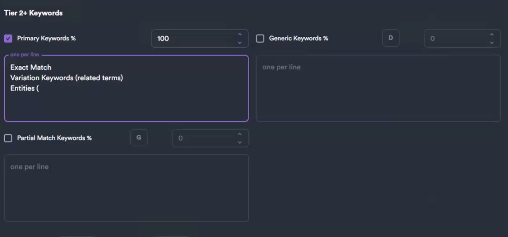 SEO Neo Tier 2+ Keywords screen — Primary Keywords at 100% with Exact Match, Variation Keywords (related terms), and Entities