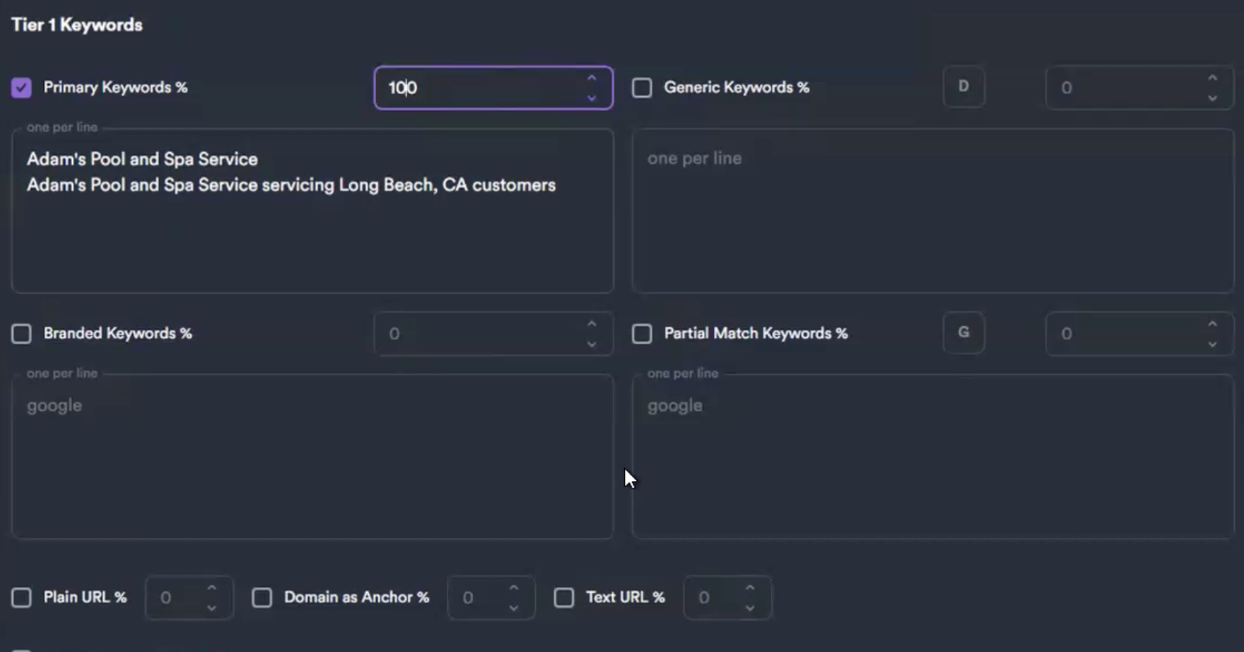 SEO Neo Tier 1 Keywords screen — Primary Keywords at 100% with the brand and a brand-partial-match line for Adam's Pool and Spa